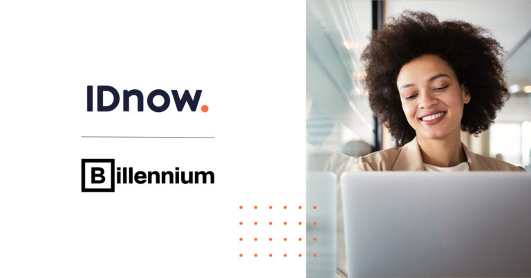 IDnow and Billennium logos with woman smiling sitting in front of a computer