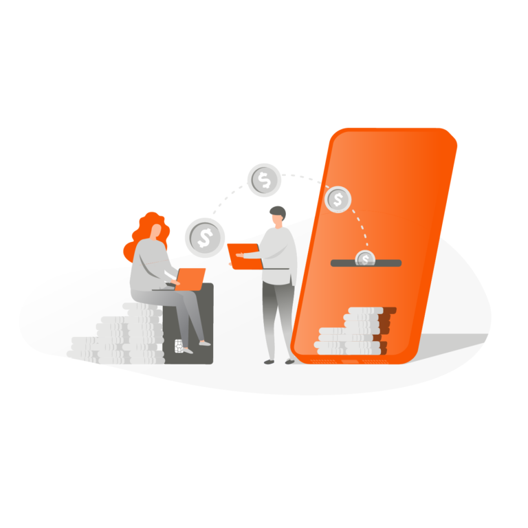 man and woman looks at laptop investing on the phone logo in orange color