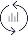 two arrows that together form a circle and bars with different heights in the middle.