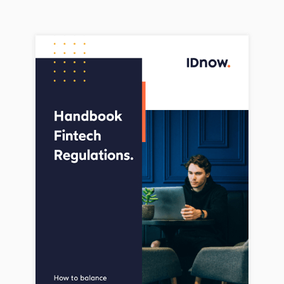 IDnow poster with a man sitting looking at his laptop. Handbook FinTech Regulations.