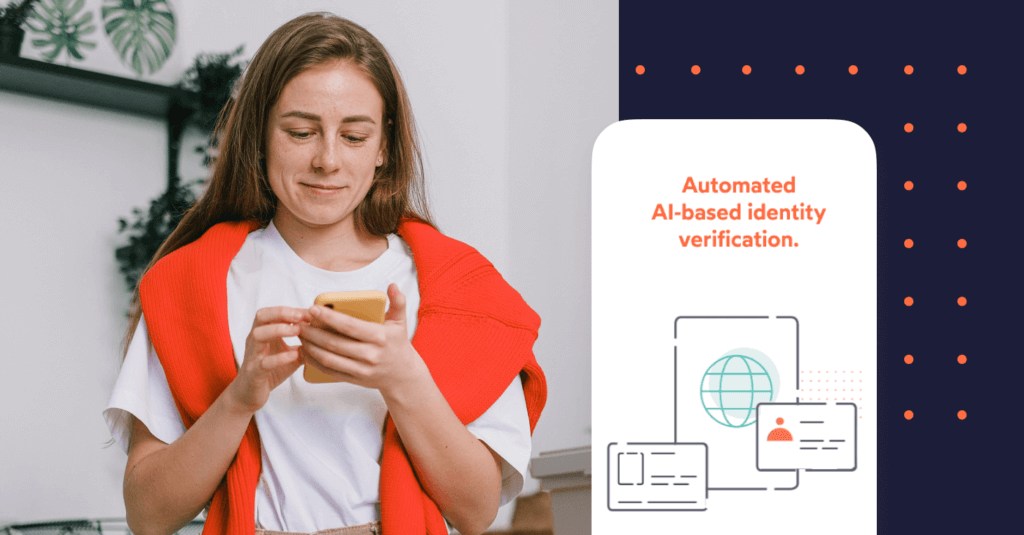 IDnow poster for automated identity verification woman in white t-shirt and orange sweater looking at phone