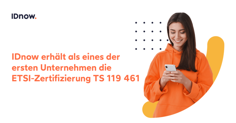 Woman in orange hoodie holding a smartphone - ETSI TS 119 461 Zertifizierung