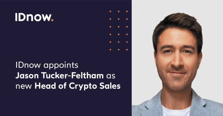 Head shot of a man in a gray sports coat with title IDnow appoints Jason Tucker-Feltham as new Head of Crypto Sales