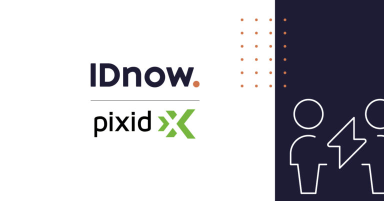IDnow logo and pixid logo in black with green and orange highlights and a people with electricity icon