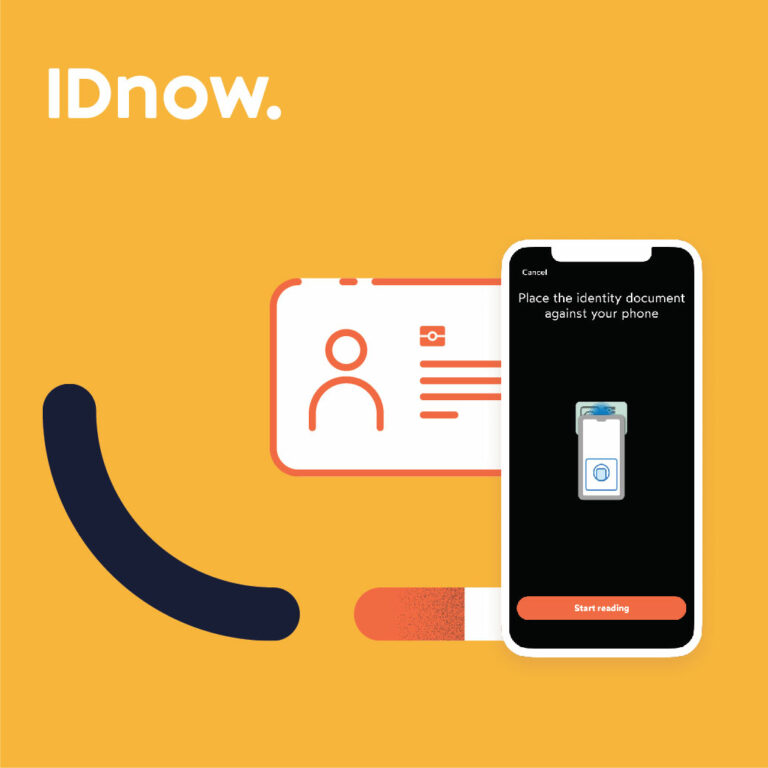 IDnow poster of an ID with a phone screen of verifiying identity with yellow background