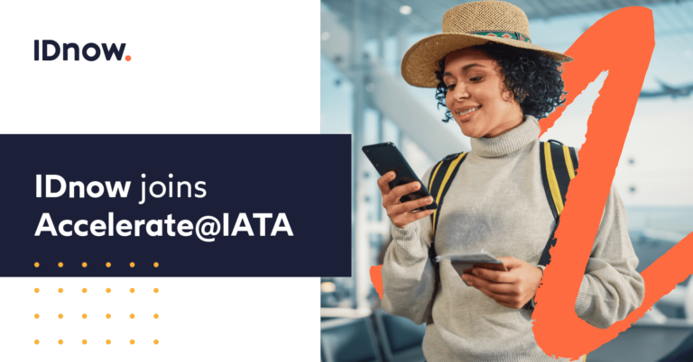 Woman at an airport wearing a sweater, straw hat and backpack looking at her phone and holding her passport and tickets with an image title that reads IDnow joins Accelerate@IATA