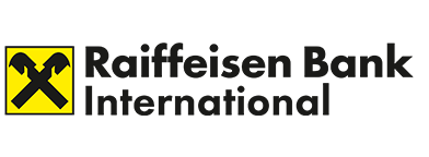 Raiffesen Bank International logo with black and yellow color and gray background