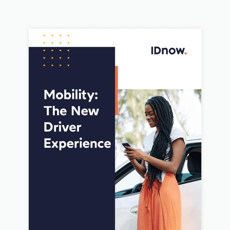 Thumbnail IDnow trend report mobility with woman in orange pants standing next to a car with a phone in her hands