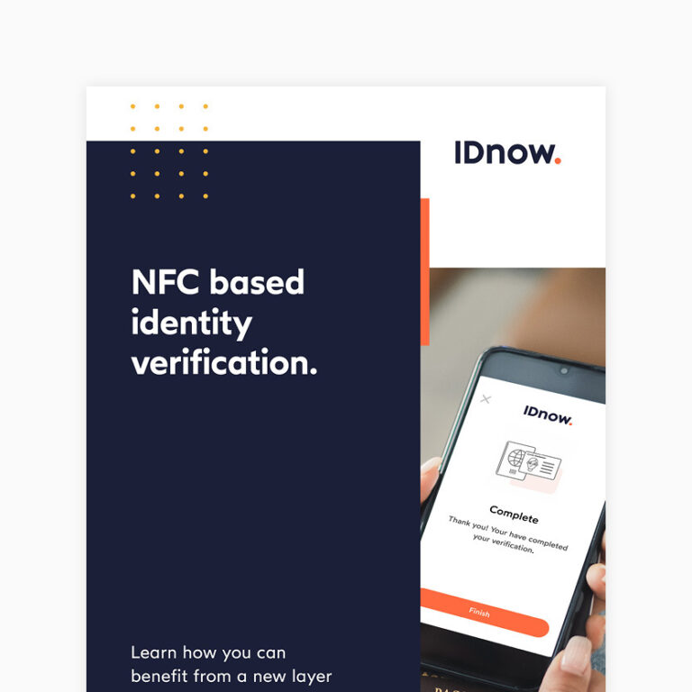IDnow poster with phone screen of Complete verification in white and dark blue background. NFC based identity verification.