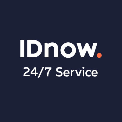 IDnow logo. 24/7 service with dark blue background