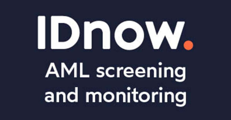 IDnow. AML screening and monitoring logo with dark blue background