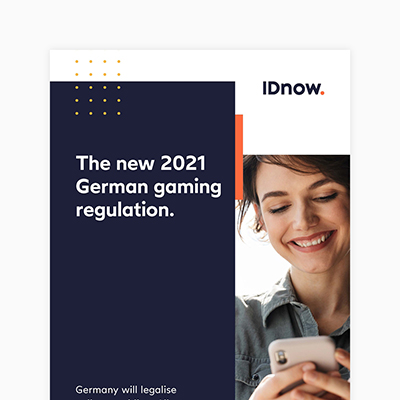 IDnow poster with a woman looking at her phone in her hand smiling. The new 2021 German gaming regulation in white and dark blue background and orange dots on the top