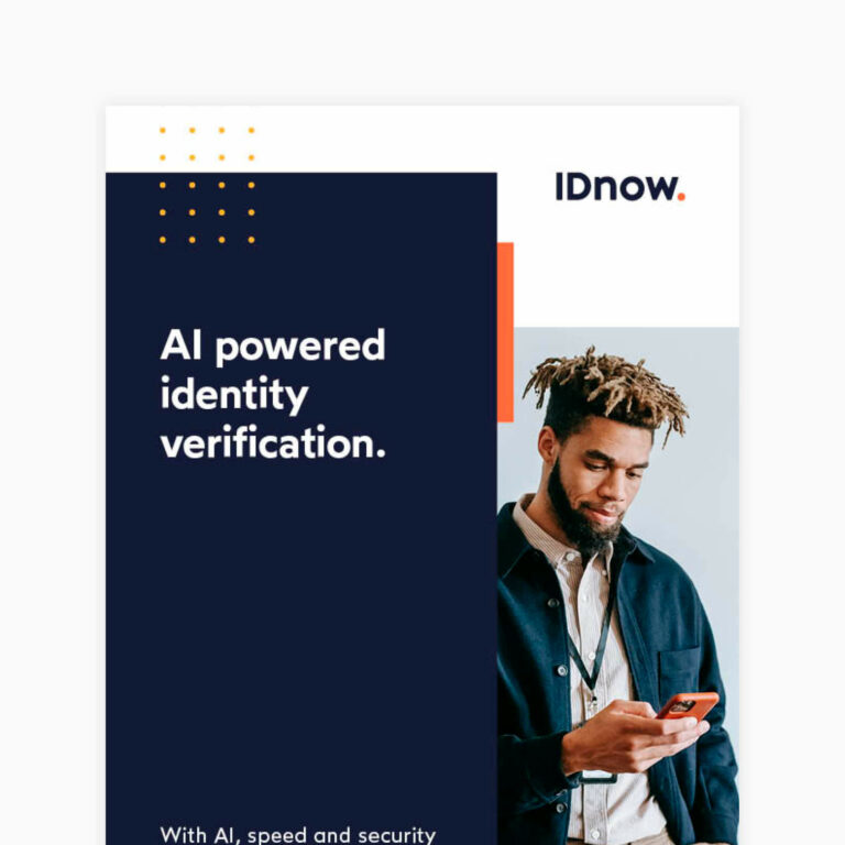 IDnow poster with a man standing holding a phone and a tag line of AI powered identification with dark blue white and orange colors