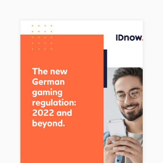 IDnow poster of the new german gambling regulation with a girl holding a phone and smiling with white, blue and orange background