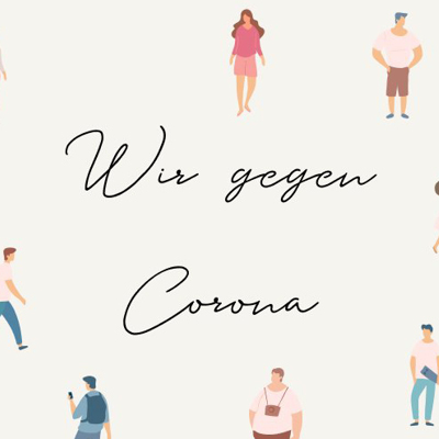 Wir gegen corona in flesh color background and clipart of people on the sides