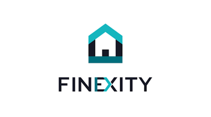 Finexity logo black and bluegreen forming a house