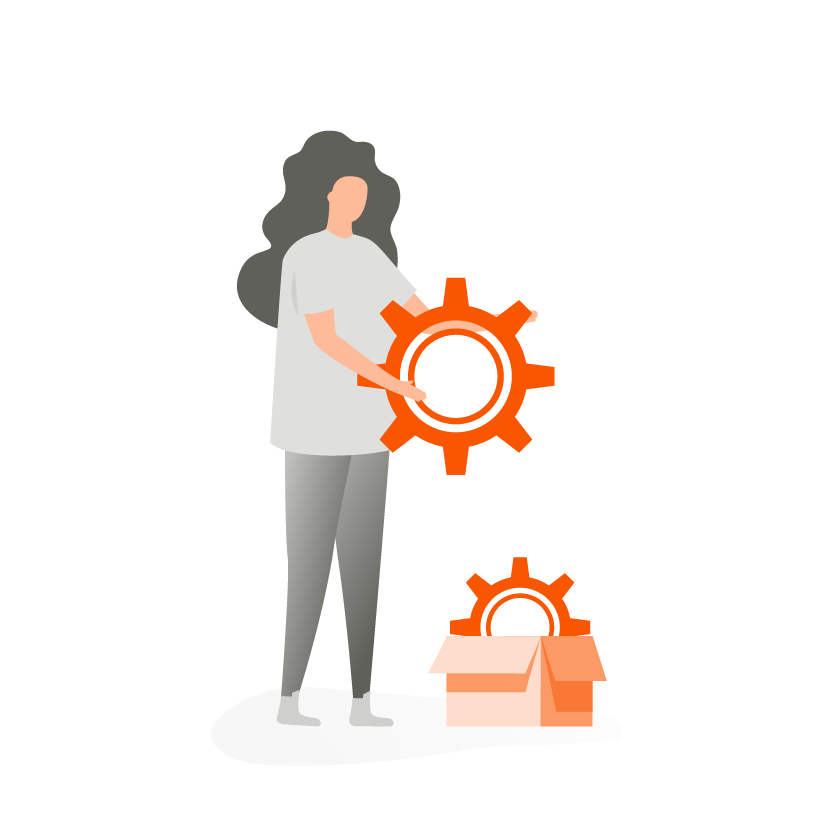illustration woman holding an orange logo of settings and one on a box