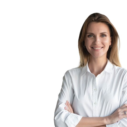 woman with blonde hair in white button-down shirt and arms crossed in front of her